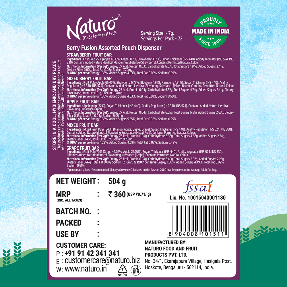 Naturo Berry Fusion Fruit Bars Pouch Dispenser 540g (12 Pouches x 6 bars)