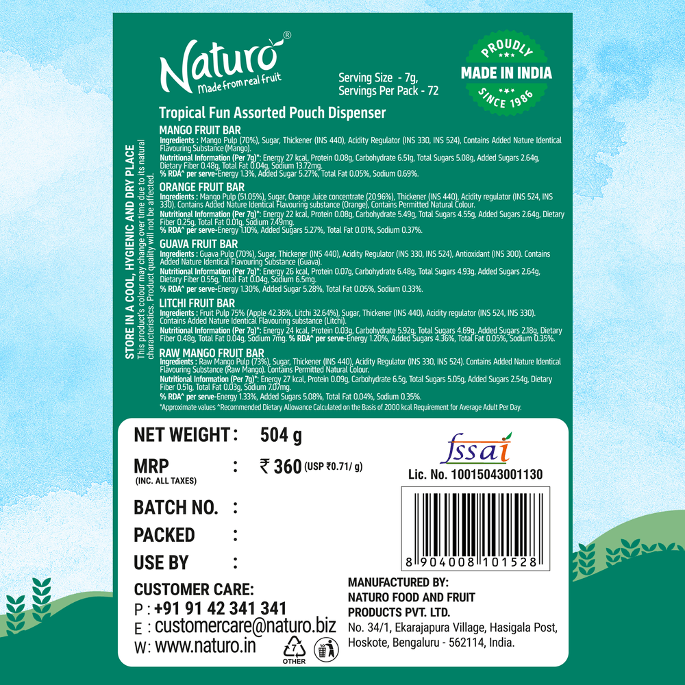 Naturo Tropical Fun Pouch Dispenser 540g (12 Pouches x 6 bars)